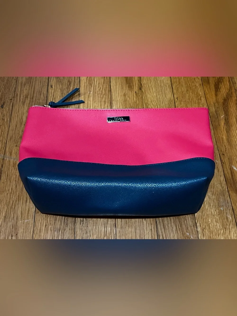 Trina Turk Pink and Blue Two-Tone Zip Cosmetic Pouch